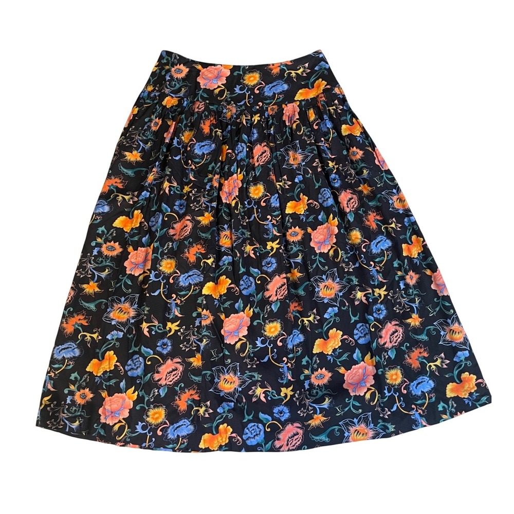 Vintage Floral Rayon Midi Skirt Black Orange Blue Button Side Size 12 Hathaway